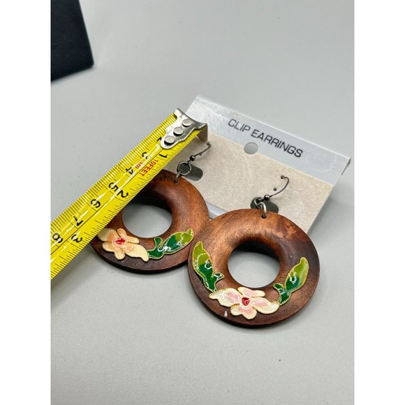 Vintage Statement Earrings Wood Rings w Cloisonne Flowers Sterling Silver Hooks - Picture 6 of 6